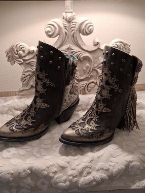 Corral Black and Pewter Leather Studded Western Fringe Ankle Boots With Cowhide